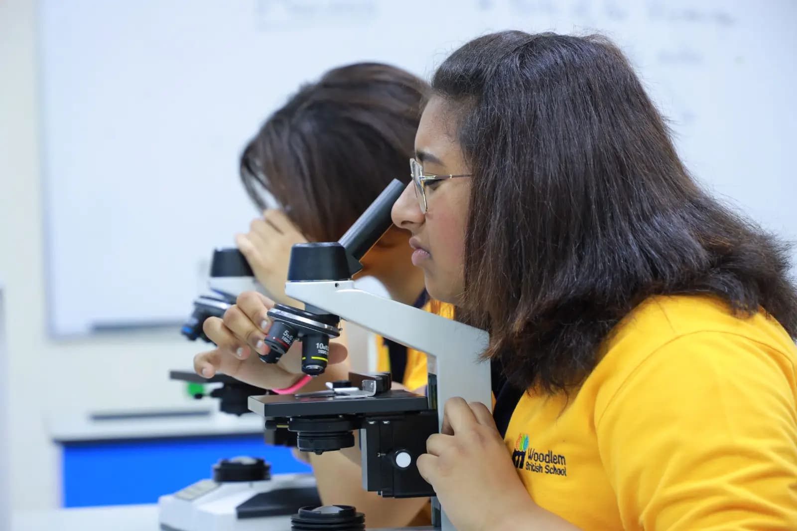 Student using a microscope